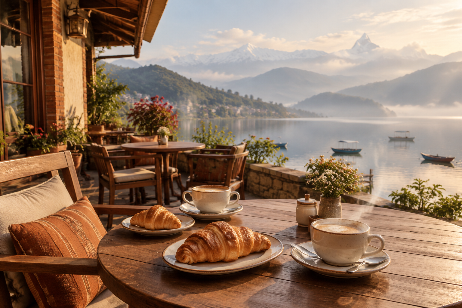Phewa Cafe terrace with view of Phewa Lake and Pokhara hills