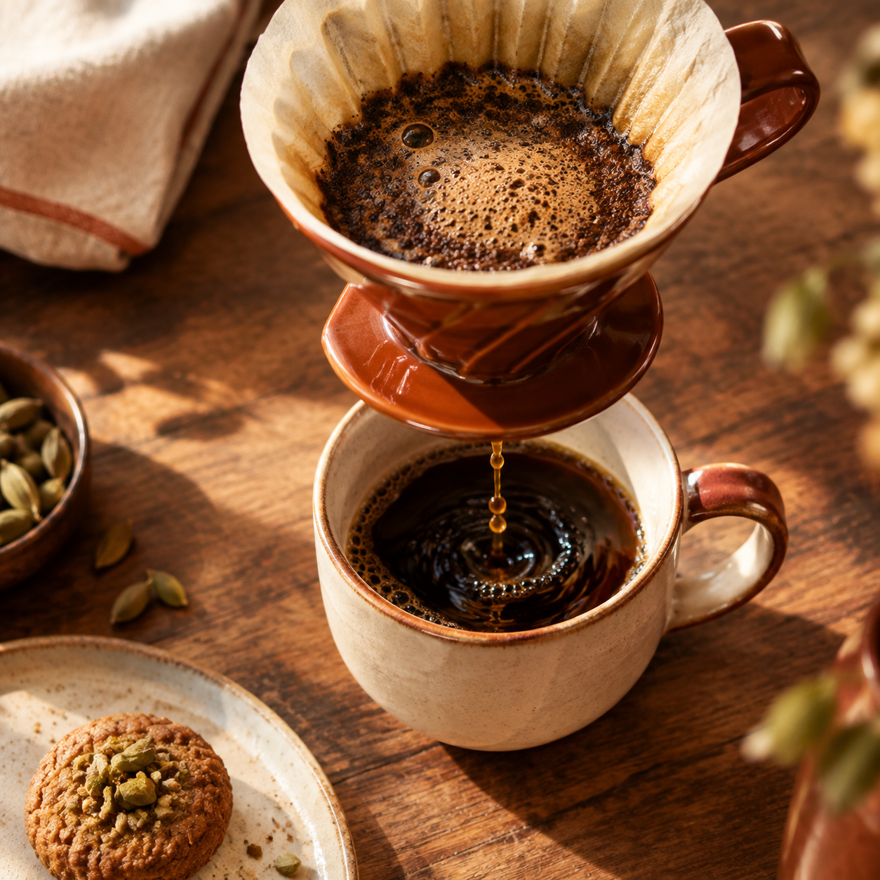 Overhead view of handcrafted pour-over coffee